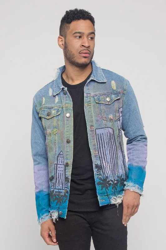 Distressed Airbrushed City Denim Jacket Boat Neck Shawl Collar Notched Collar