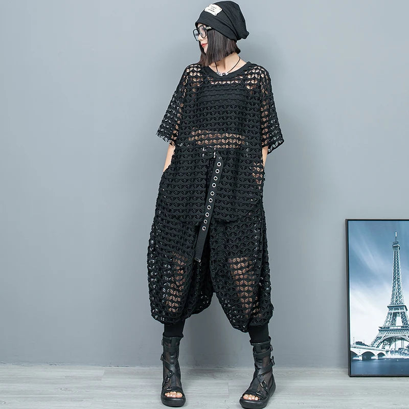 Mesh Grid Harem Pants Set Cozy Fitted Pants