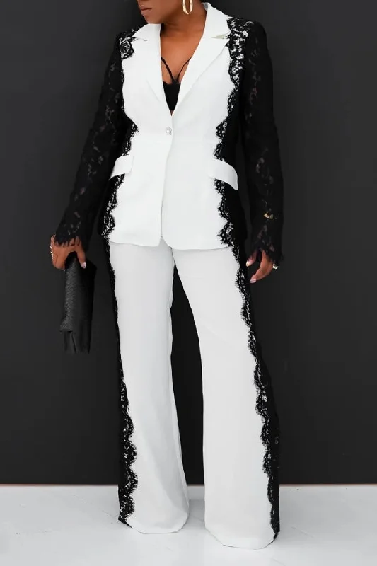 Hit Color Lace Patchwork Notched Lapel Unique Pant Suit Casual Lounge Pants