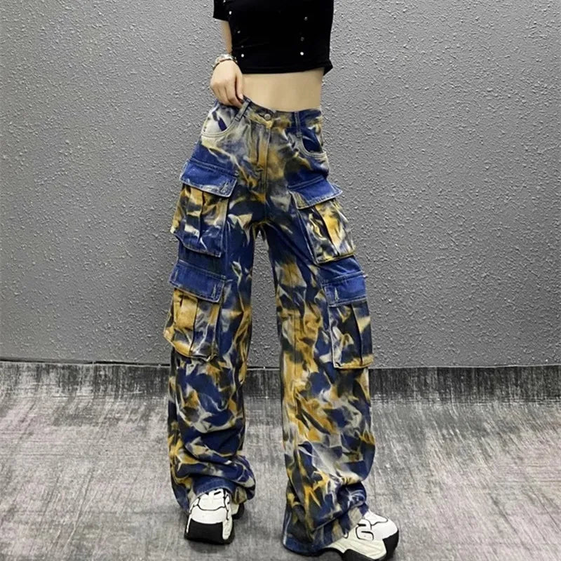 Tie Dye Wide Leg Cargo Pants Trendy Wide-Legged Trousers