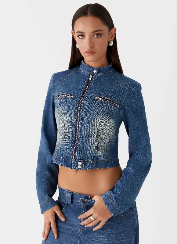 Ride Elegant Denim Jacket - Vintage Blue Wash Fleece Jacket Down Jacket Parka