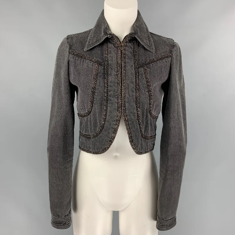 CHANEL 2008 Size 6 Charcoal Cotton Denim Chain Cropped Jacket Mesh Jacket Canvas Jacket Denim Jacket CHANEL 2008 Size 6 Charcoal Cotton Denim Chain Cropped Jacket Mesh Jacket Canvas Jacket Denim Jacket