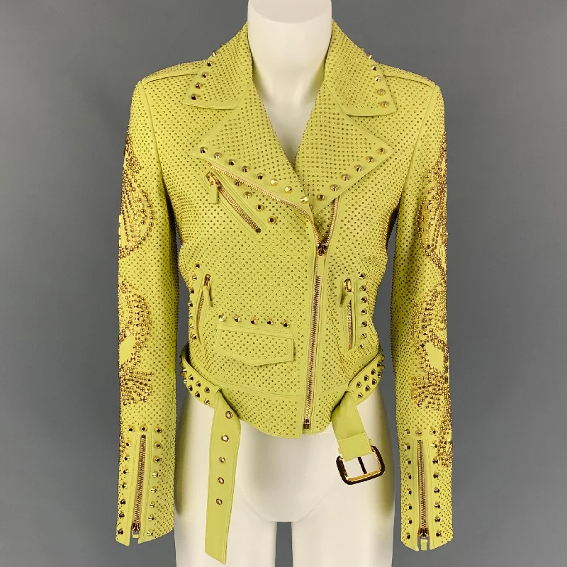 VERSACE Spring 2012 Size 2 Yellow & Gold Studded Leather Biker Jacket Zippered Front Buttoned Front Snap Front VERSACE Spring 2012 Size 2 Yellow & Gold Studded Leather Biker Jacket Zippered Front Buttoned Front Snap Front