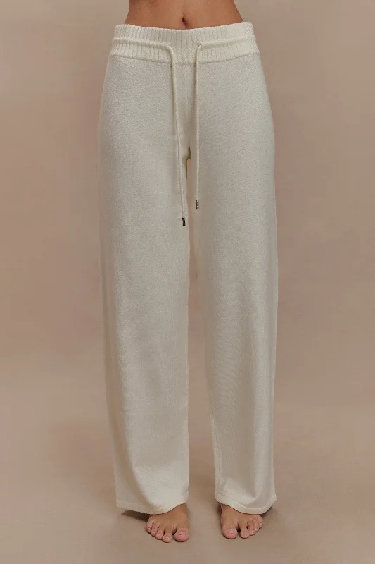 Natalya Knit Wide Leg Pants - Ivory Trendy High-Waist Trousers