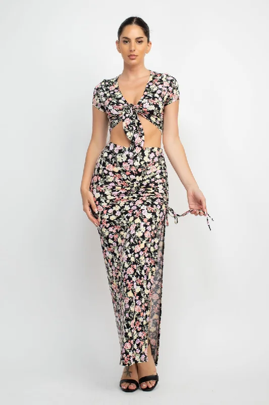 Front Knot Floral Top & Ruched Maxi Skirt Set - 5 colors - Ships from The US mini skirt trendy