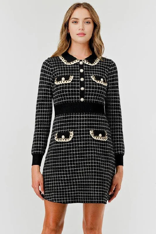 Plaid Knit Sweater Dress with Embellishment DBLD4030 Boat Neck Shawl Collar Notched Collar Plaid Knit Sweater Dress with Embellishment DBLD4030 Boat Neck Shawl Collar Notched Collar