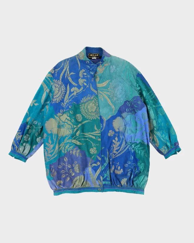 Vintage 80s Roberto Cavalli Blue & Green Floral Suede Jacket - XL Hoodie Zip-Up Jacket Button-Up Jacket Vintage 80s Roberto Cavalli Blue & Green Floral Suede Jacket - XL Hoodie Zip-Up Jacket Button-Up Jacket