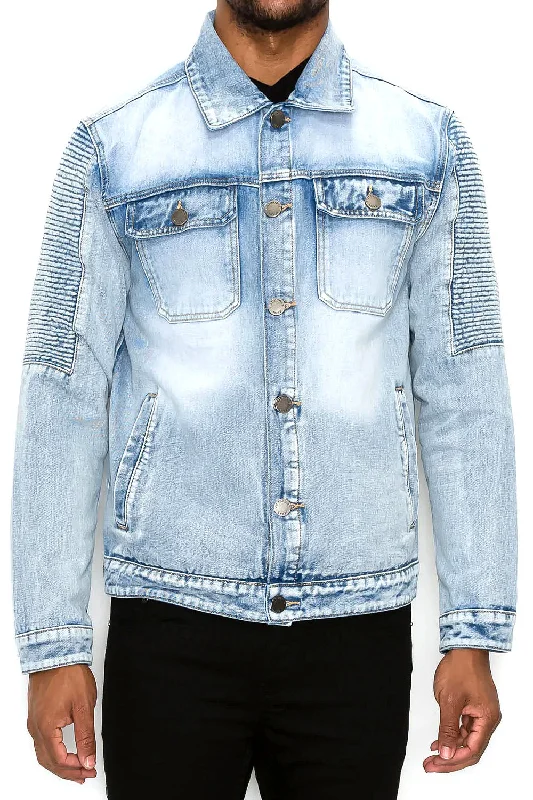 Biker Washed Denim Jacket Elasticated Jacket Padded Jacket Insulated Jacket