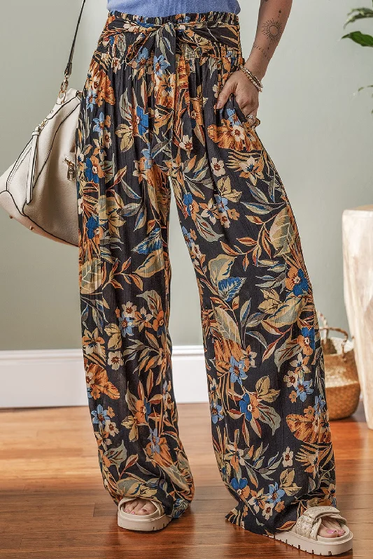 Floral Shirred High Waist Wide Leg Pants With Tie Modern Skinny Pants