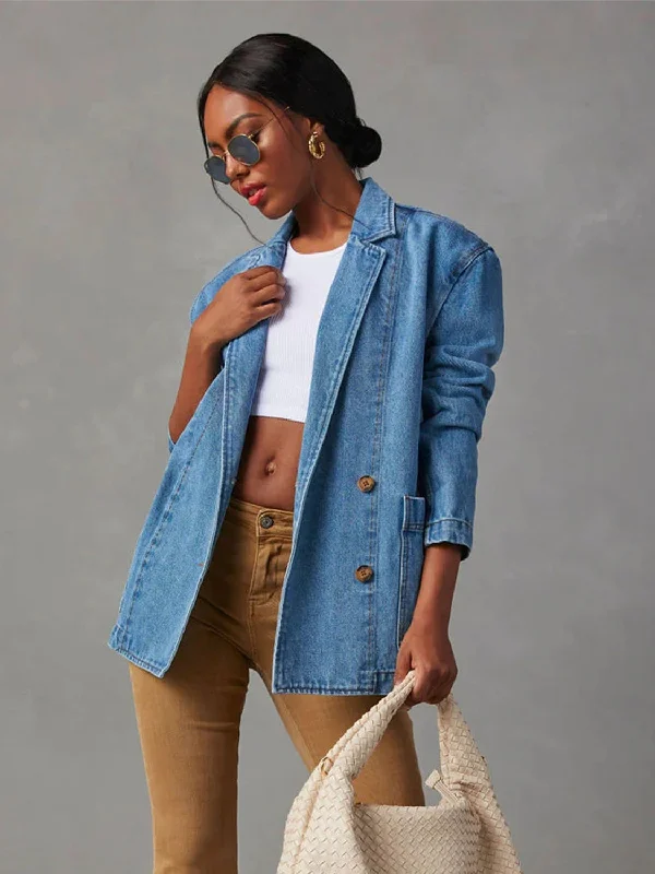 Natalia Collared Neck Long Sleeve Denim Jacket Zippered Front Buttoned Front Snap Front Natalia Collared Neck Long Sleeve Denim Jacket Zippered Front Buttoned Front Snap Front