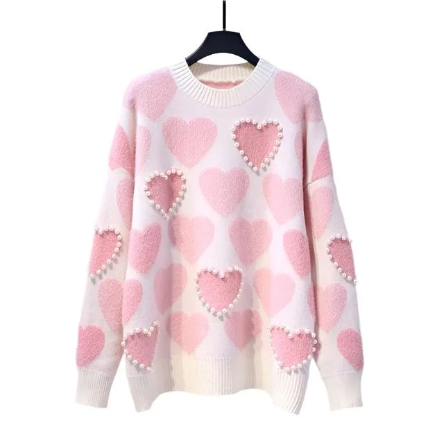 YTW Women's Fine Fashion Autumn Winter Stylish Pink Beaded Heart Shape Sweater Plaid Sweater Polka Dot Checkered YTW Women's Fine Fashion Autumn Winter Stylish Pink Beaded Heart Shape Sweater Plaid Sweater Polka Dot Checkered