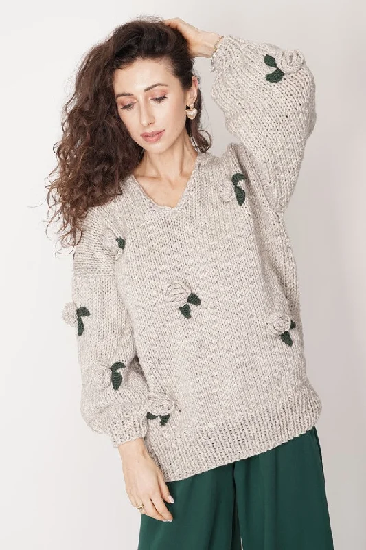 Rose Handmade Knit Sweater Dark Beige Solid Print Embellished