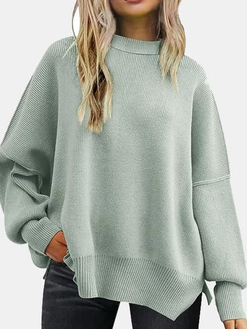 Round Neck Slit Drop Shoulder Sweater: Cozy and Stylish Glossy Satin Silk