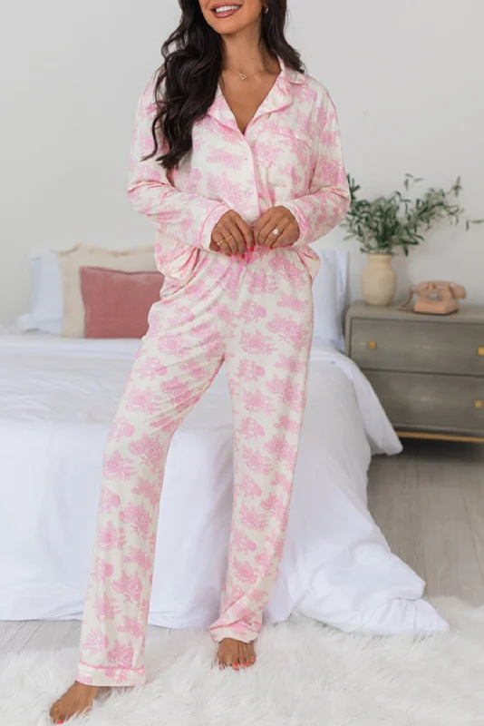 Pink Floral Long Sleeve And Pants Pajamas Set Comfy High-Waist Jeans