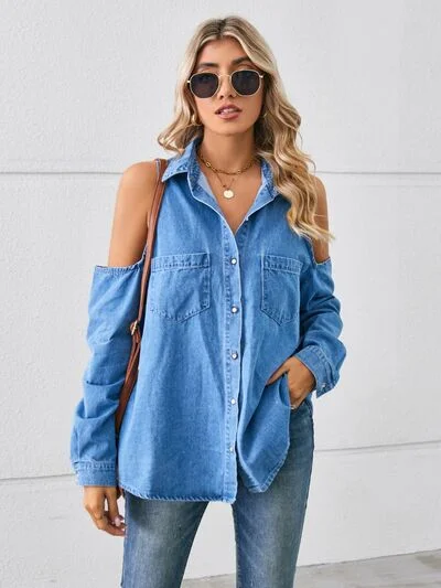Cold Shoulder Pocketed Button Up Denim Jacket Striped Jacket Polka Dot Jacket Floral Jacket Cold Shoulder Pocketed Button Up Denim Jacket Striped Jacket Polka Dot Jacket Floral Jacket