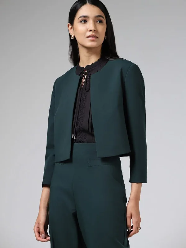 Wardrobe Solid Emerald Green Crop Jacket Cardigan Sweater Pullover