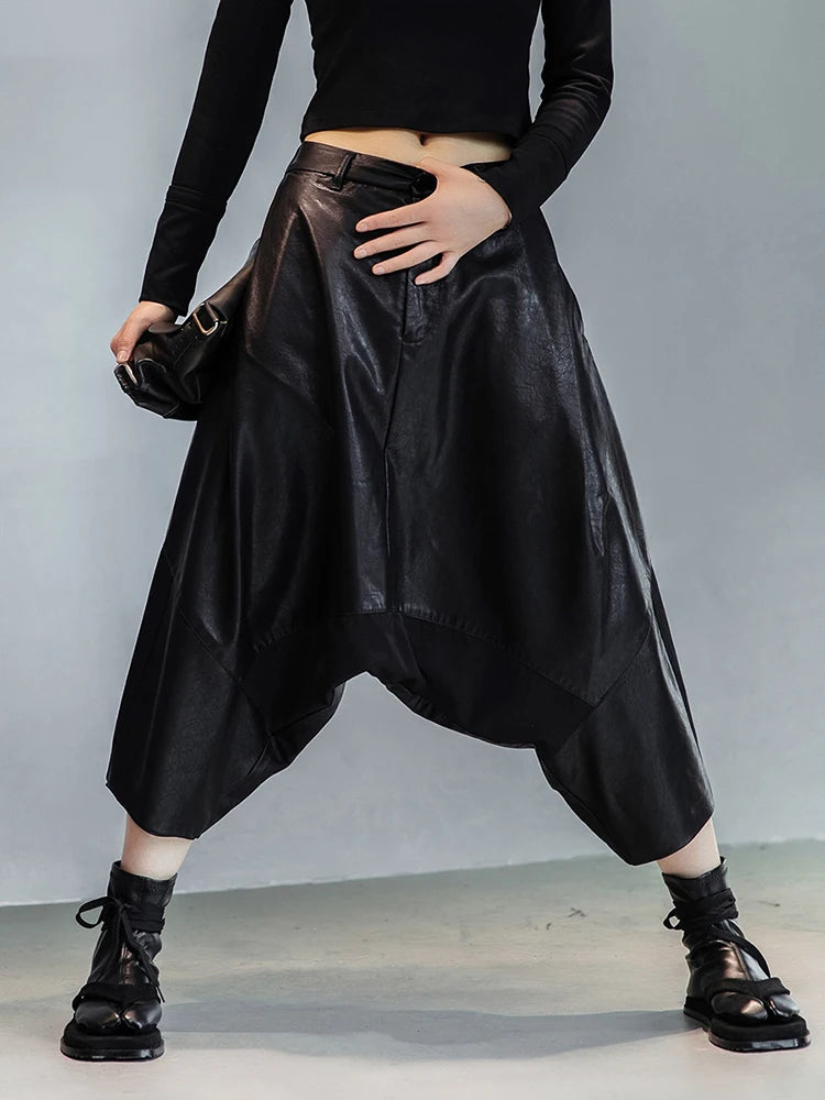 High Waist Black Leather Harem Pants Casual Wide Pants