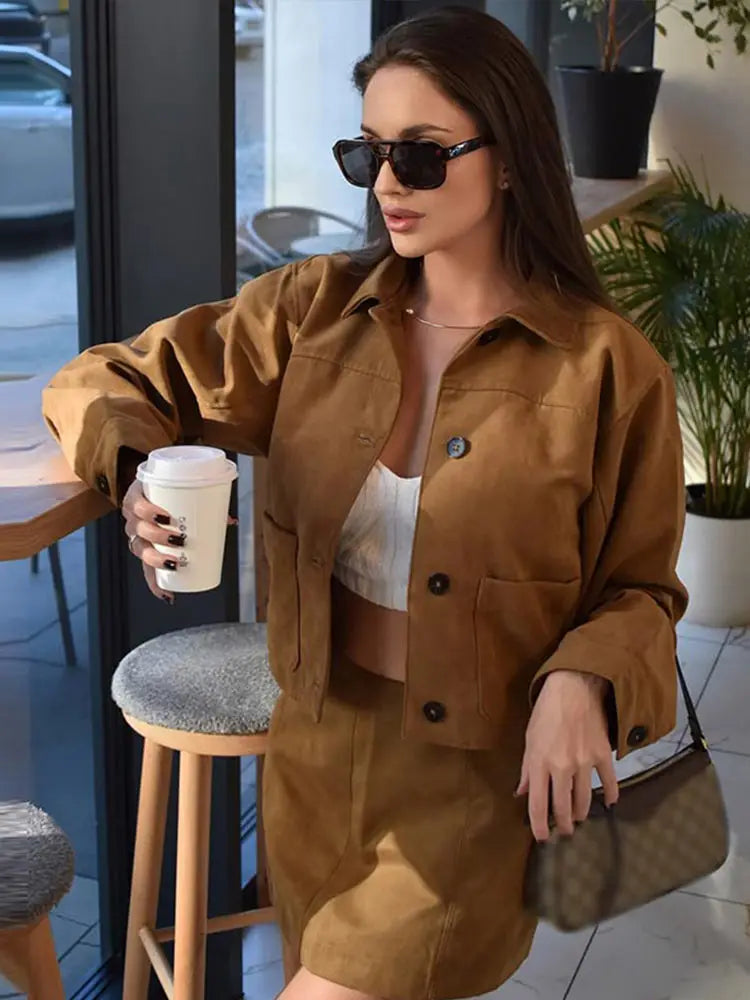 Nadia - Suede look jacket and skirt set Snapped Jacket Toggled Jacket Drawstring Jacket Nadia - Suede look jacket and skirt set Snapped Jacket Toggled Jacket Drawstring Jacket