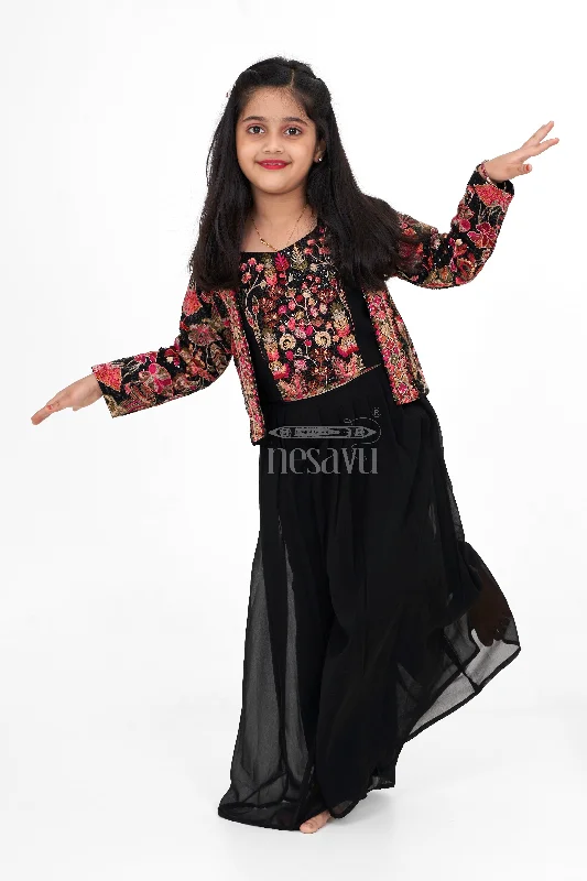 Girls Black Georgette Sharara Set with Multicolor Floral Thread Embroidered Jacket for Weddings and Parties Anorak Shell Jacket Lightweight Jacket Girls Black Georgette Sharara Set with Multicolor Floral Thread Embroidered Jacket for Weddings and Parties Anorak Shell Jacket Lightweight Jacket
