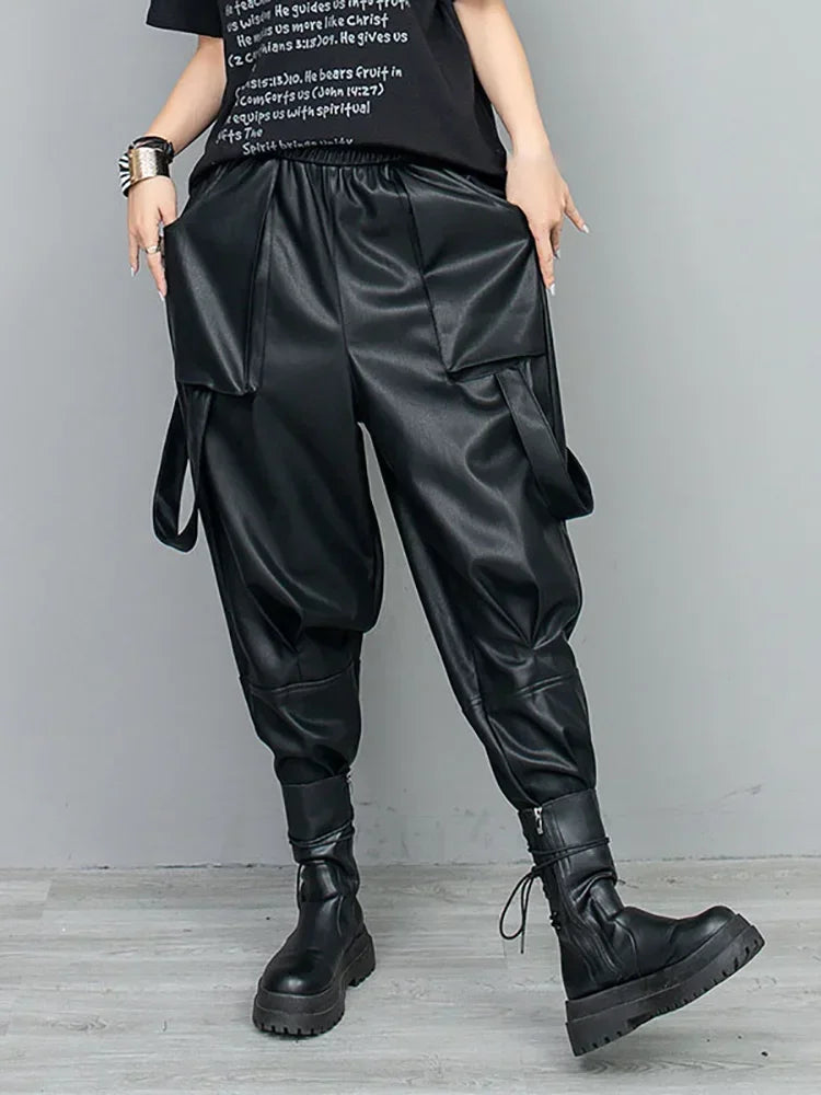 Patchwork PU Harem Pants Modern Stretch Trousers