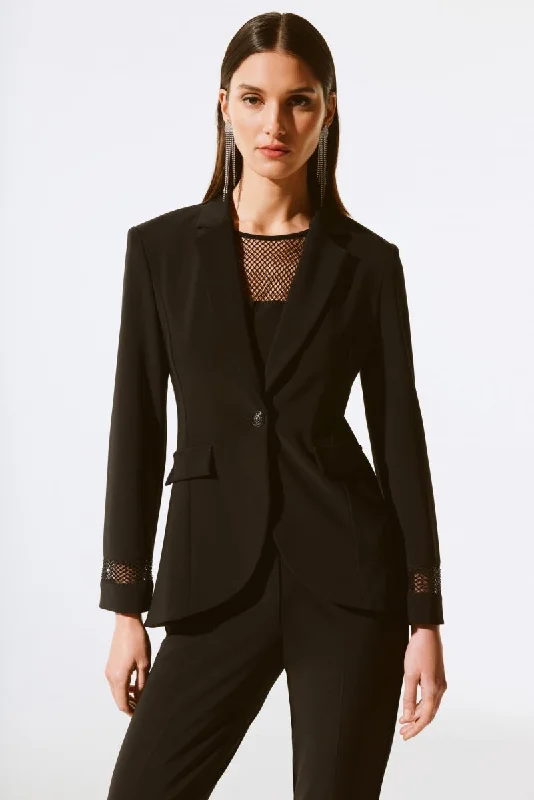 Joseph Ribkoff Black Embellished Mesh Insert Blazer Jacket 243752 Zip Front Button Front Snap Front Joseph Ribkoff Black Embellished Mesh Insert Blazer Jacket 243752 Zip Front Button Front Snap Front