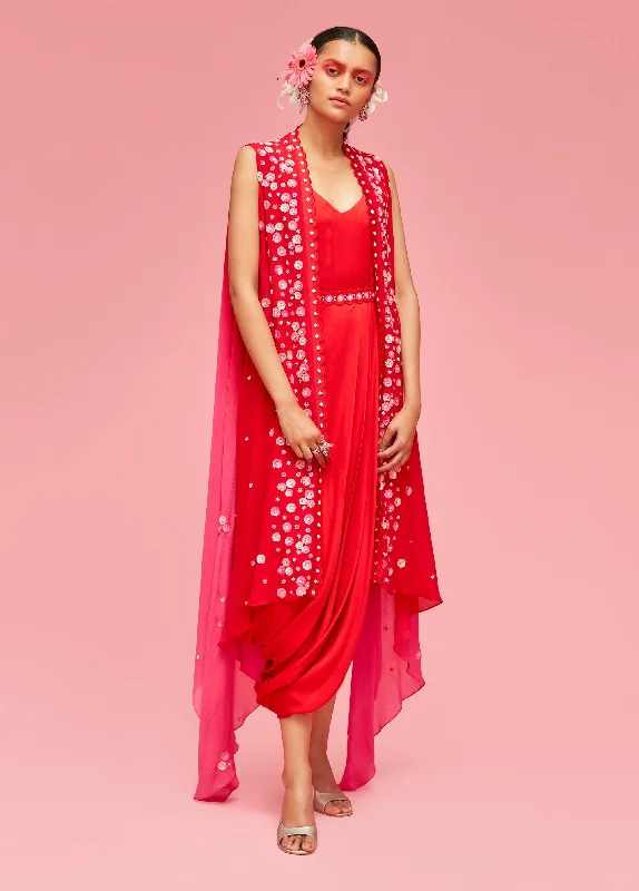 Red Pink Izmir Cape Jacket With Draped Dress Stand-Up Collar Roll-Neck Collar Turtle Neck Red Pink Izmir Cape Jacket With Draped Dress Stand-Up Collar Roll-Neck Collar Turtle Neck