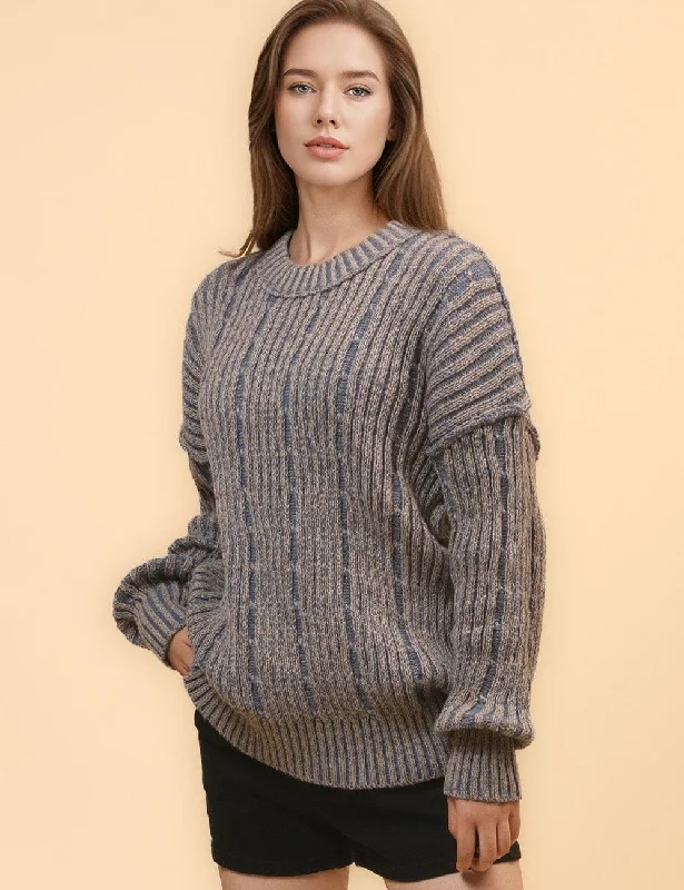 Ladies Distressed Striped Color Block Sweater SKT4661 Elasticated Padded Insulated