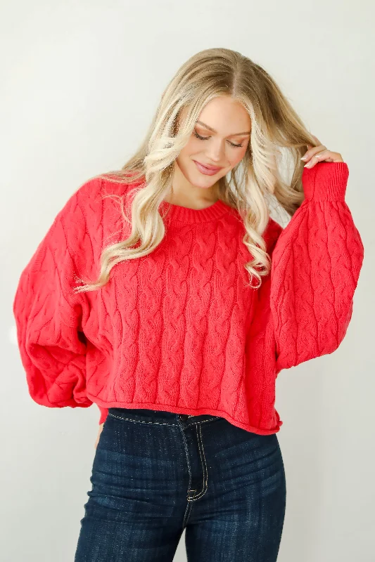 FINAL SALE - Love Me Forever Red Cable Knit Sweater Beaded Sweater Sequined Faux Fur