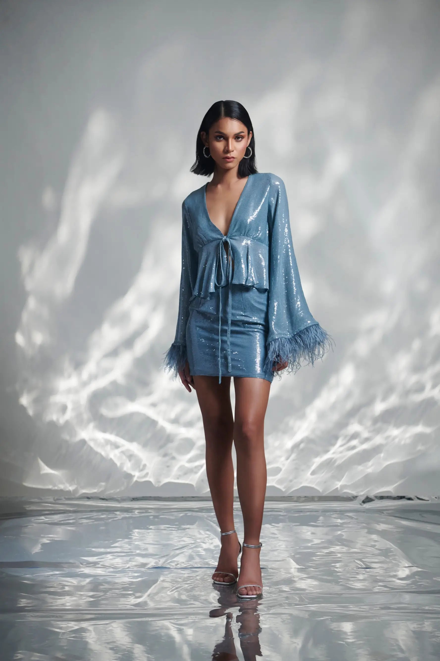 AZULA Feather Top and Skirt Co-ord Set chiffon skirt floaty