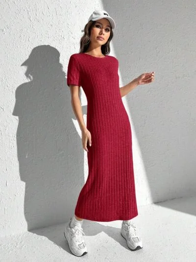 Slit Round Neck Short Sleeve Sweater Dress Ribbed Striped Patterned