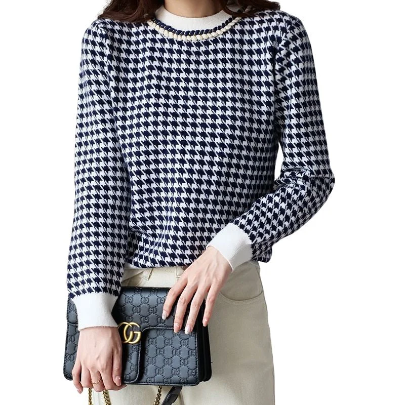 EMG Design Women's Fine Fashion Autumn Winter Stylish Geometric Houndstooth Designer Sweater Notch Collar Peter Pan Collar Cowl Neck EMG Design Women's Fine Fashion Autumn Winter Stylish Geometric Houndstooth Designer Sweater Notch Collar Peter Pan Collar Cowl Neck