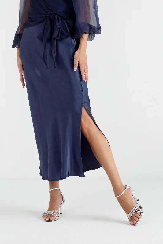 "The Orla" - Satin Midi Skirt (Navy) lace skirt intricate