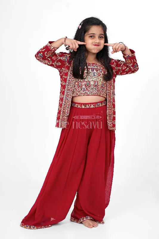 Girls Sharara Set in Georgette with Intricate Embroidery and Matching Jacket for Weddings Wool Fabric Cashmere Fabric Tweed Fabric