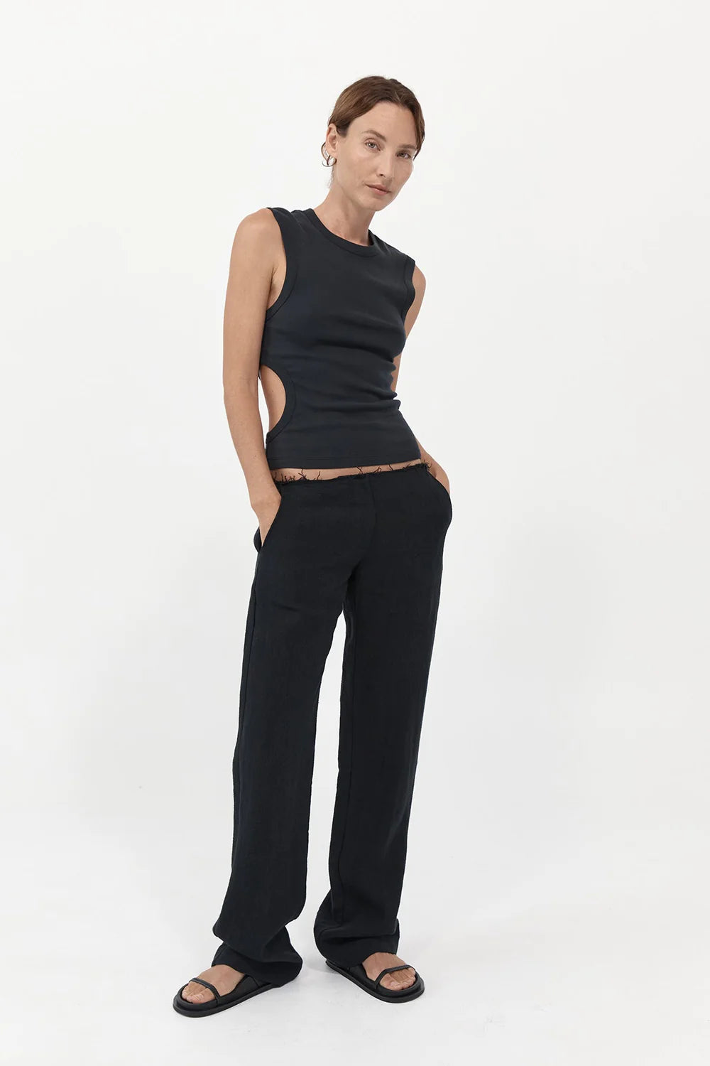 Low Waist Raw Edge Pants - Black Comfortable Pleated Pants