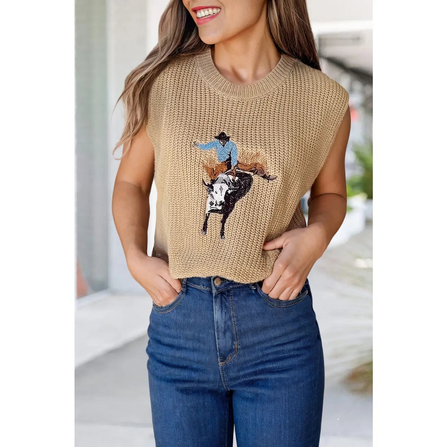 Western Cowboy Embroidery SleeveleTss Sweater Soft Cozy Warm