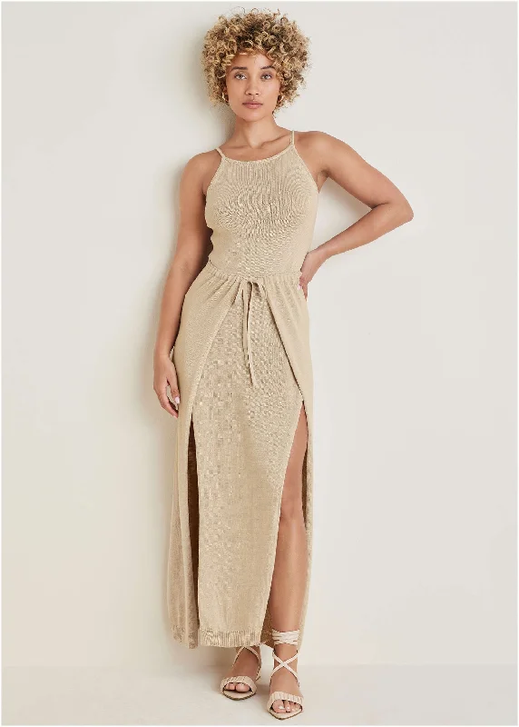 High Slit Sweater Maxi - Sand Sweater Knitwear Pullover