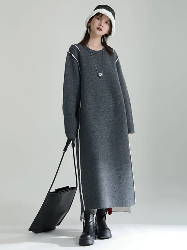 Zjkrl - Casual Long Sleeves Loose Solid Color Round-Neck Sweater Dresses Elasticated Padded Insulated Zjkrl - Casual Long Sleeves Loose Solid Color Round-Neck Sweater Dresses Elasticated Padded Insulated