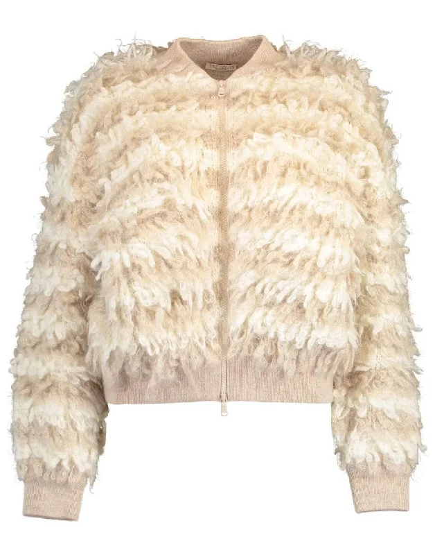 Textured Striped Mohair Zip Up Sweater Turtle Neck Boat Neck Asymmetrical Neck
