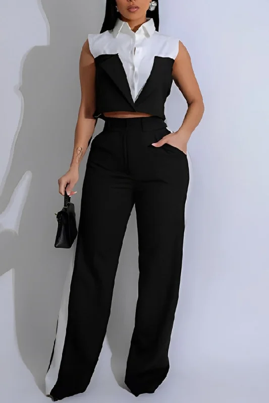 Hit Color Patchwork Irregular Stylish Sleeveless Pant Suit Chic Faux Leather Pants