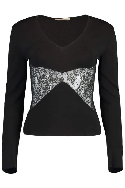 3/4 Sleeve Lace Detail Knit Sweater Elasticated Padded Insulated