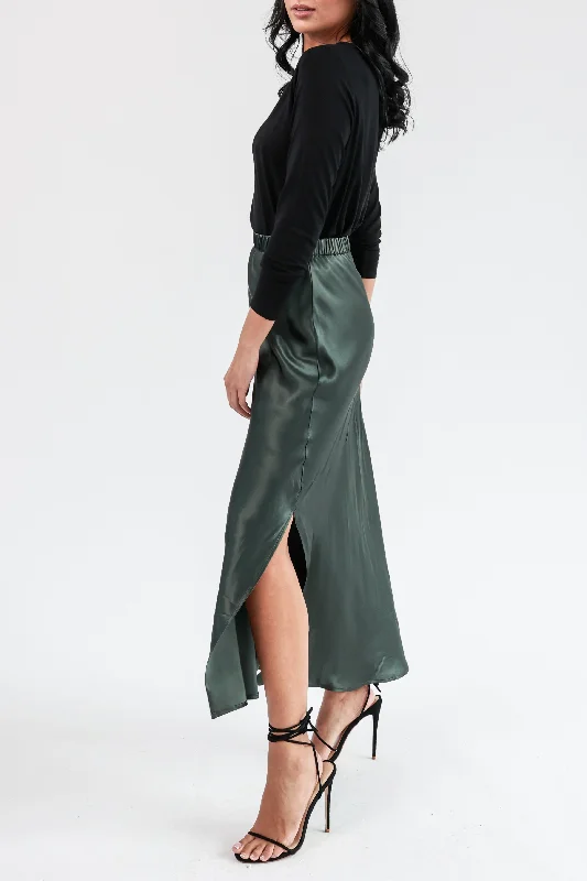 "The Orla" - Satin Midi Skirt (Khaki) silk skirt luxurious