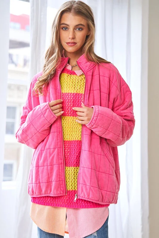Zaya Quilting Zip Jacket Notch Collar Peter Pan Collar Cowl Neck