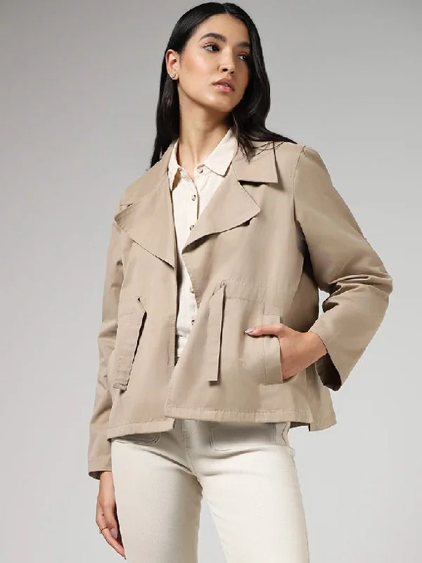 LOV Solid Beige Tie-Up Jacket Knit Fabric Woven Fabric Fleece Fabric
