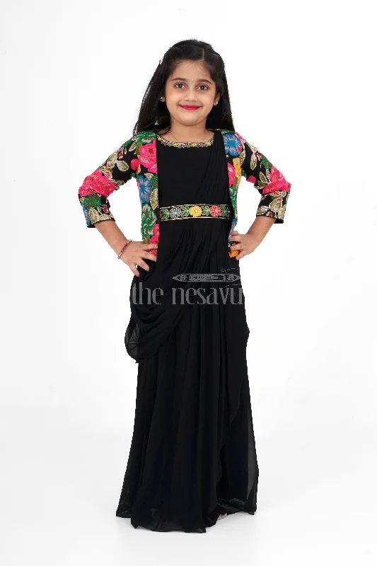 Black Georgette Girls Party Gown with Multicolor Floral Embroidered Jacket for Weddings and Celebrations Satin Jacket Silk Jacket Chiffon Jacket Black Georgette Girls Party Gown with Multicolor Floral Embroidered Jacket for Weddings and Celebrations Satin Jacket Silk Jacket Chiffon Jacket