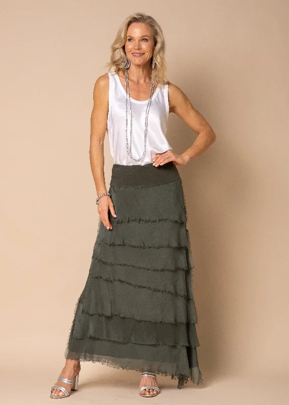 Fifi Silk Skirt in Khaki a-line skirt cut