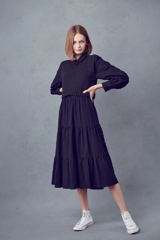 Black Tiered Dress with Sweater Vest Iron Safe Non-Iron Wrinkle Free