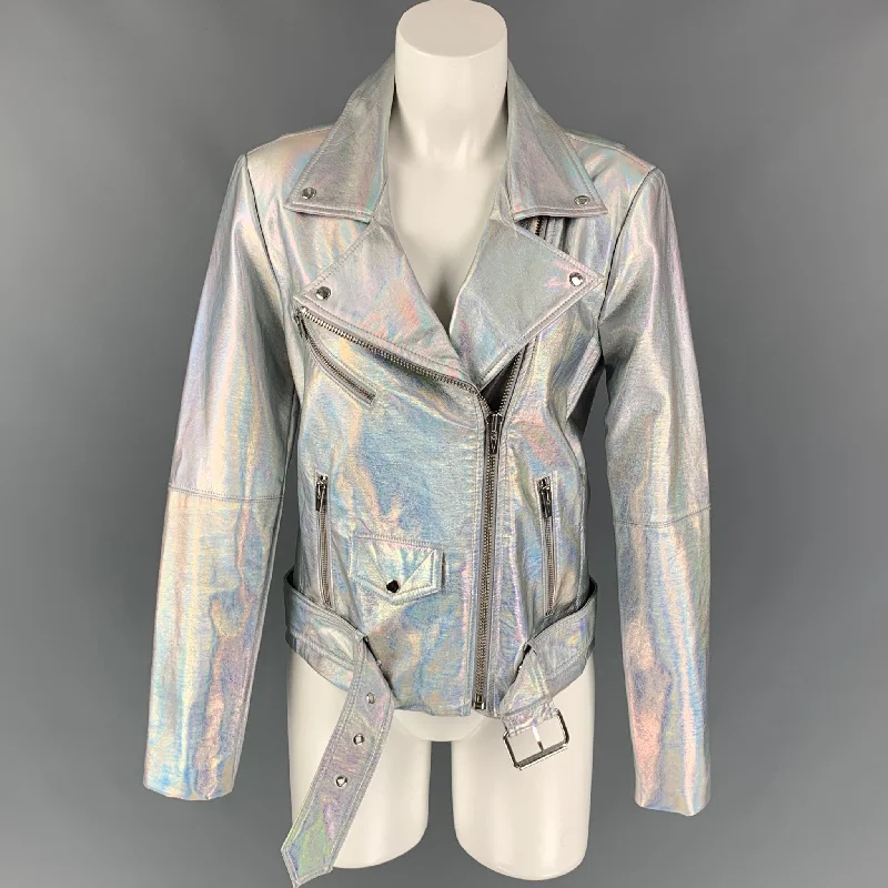 VEDA Size L Silver Iridescent Polyurethane Biker Jacket Chenille Fabric Brocade Fabric Lace Fabric VEDA Size L Silver Iridescent Polyurethane Biker Jacket Chenille Fabric Brocade Fabric Lace Fabric