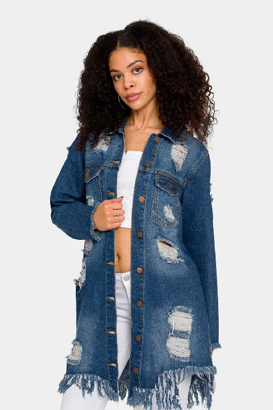 Long Distressed Denim Jean Jacket Print Jacket Jacquard Jacket Patchwork Jacket