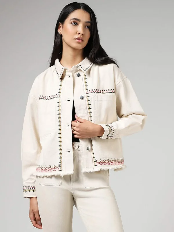 LOV Beige Embroidered Denim Jacket Denim Jacket Leather Jacket Suede Jacket