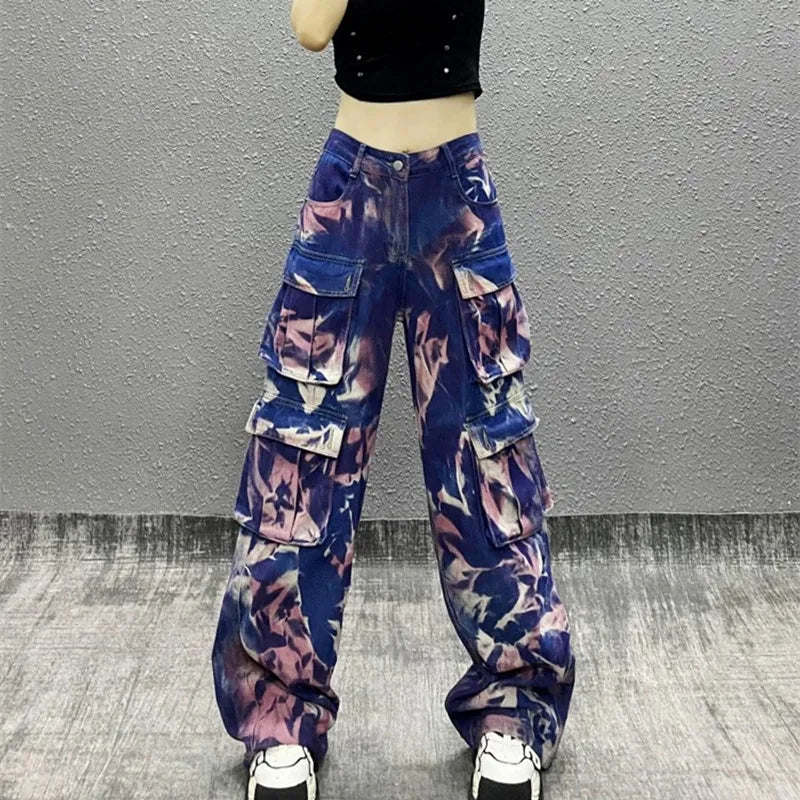Tie Dye Wide Leg Cargo Pants Classic Straight Pants